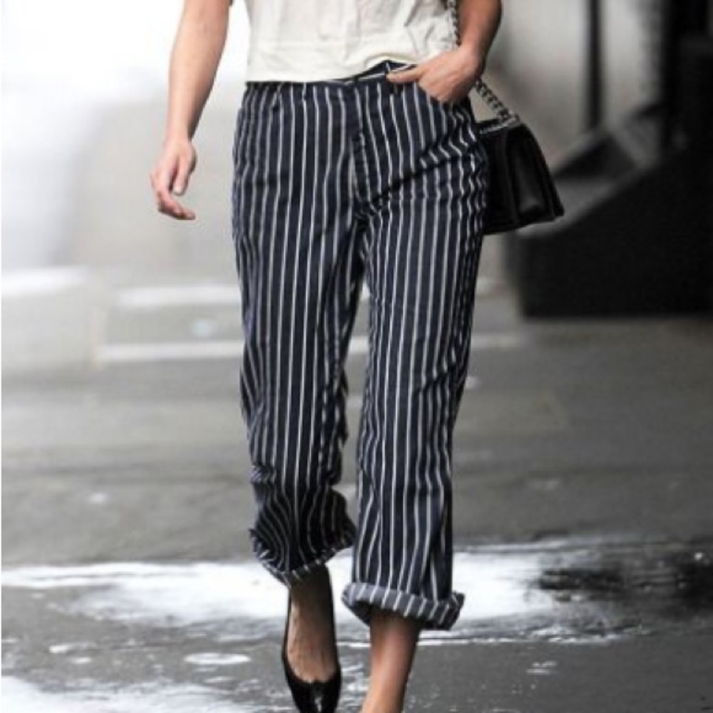 Y2K MISSONI Pinstripe Low Rise Flare Cuffed Dark Navy Trousers SZ: 6